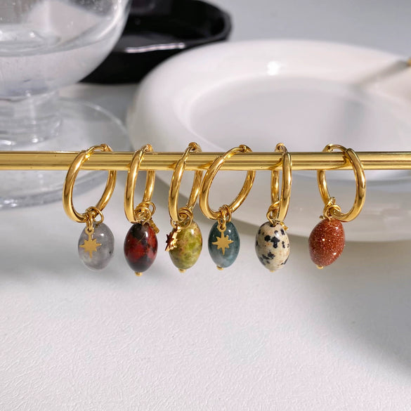 Wholesale Women's Retro Natural Stone Oval Pendant Gold Plated Stainless Steel Geometric Earrings With Electroplating