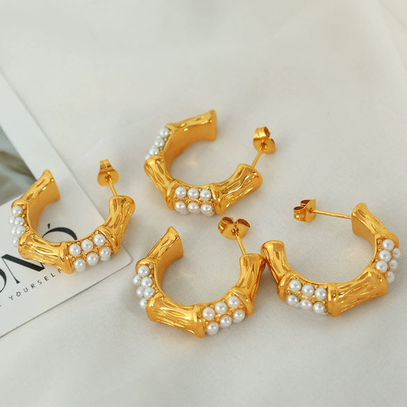 Wholesale Women's Retro Natural Style 316L Stainless Steel Geometric Cshaped Diamond Pearl Earrings With Electroplating