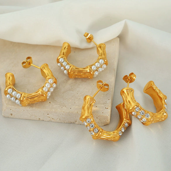 Wholesale Women's Retro Natural Style 316L Stainless Steel Geometric Cshaped Diamond Pearl Earrings With Electroplating