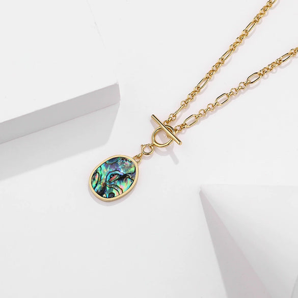Wholesale Women's Retro Necklace 925 Silver With Geometric Pattern Abalone Shell Pendant And Childparent Chain Electroplated