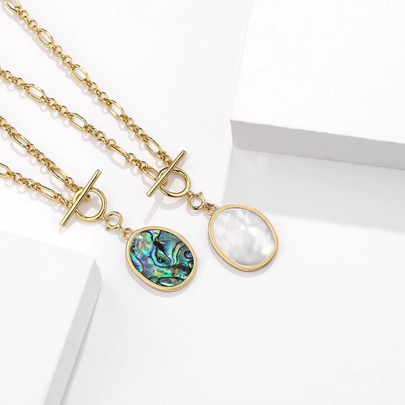 Wholesale Women's Retro Necklace 925 Silver With Geometric Pattern Abalone Shell Pendant And Childparent Chain Electroplated
