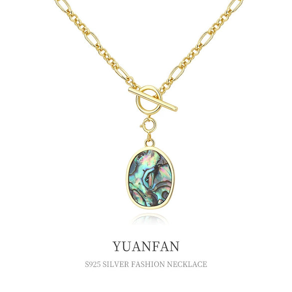 Wholesale Women's Retro Necklace 925 Silver With Geometric Pattern Abalone Shell Pendant And Childparent Chain Electroplated