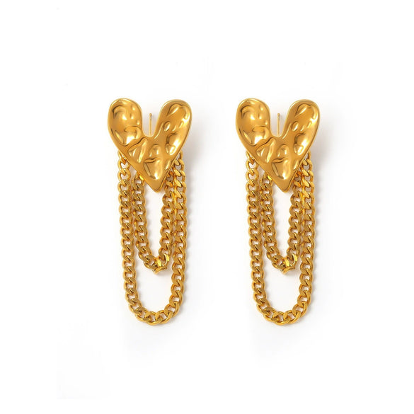 Wholesale Women's Retro Niche 316L Stainless Steel Heartshaped Hammered Tassel Chain Earrings With Geometric Pattern And Electroplating