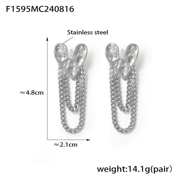 Wholesale Women's Retro Niche 316L Stainless Steel Heartshaped Hammered Tassel Chain Earrings With Geometric Pattern And Electroplating