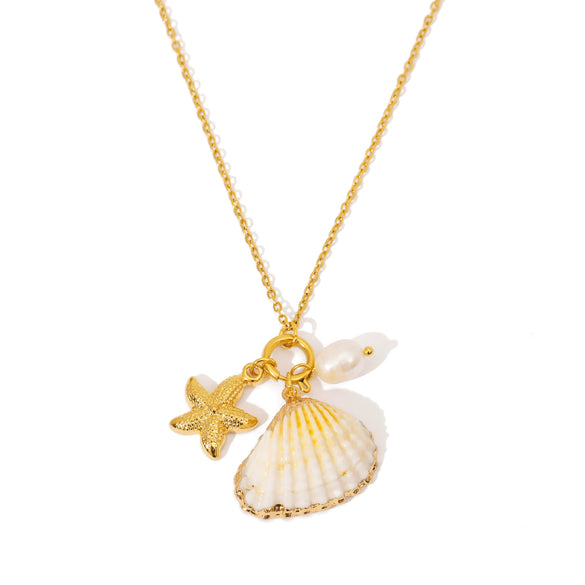 Wholesale Women's Retro Ocean Style Minimalist Shell Pearl Necklace With Earrings Stainless Steel Pvd Furnace Vacuum Real Gold Plated Jewelry
