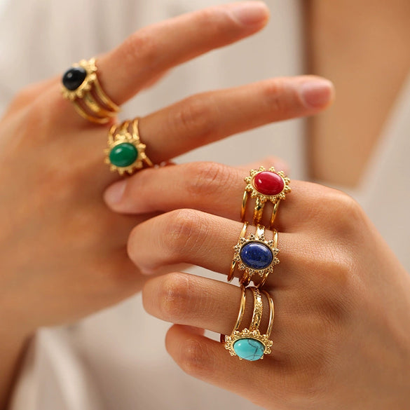 Wholesale Women's Retro Open Ring Jewelry In Titanium Steel With Natural Stone And Geometric Design Vacuum Real Gold Electroplated In Pvd Furnace