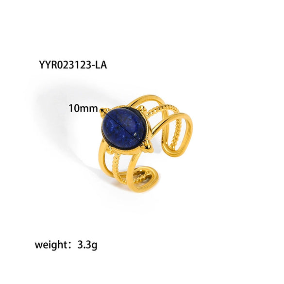 Wholesale Women's Retro Open Ring Jewelry In Titanium Steel With Natural Stone And Geometric Design Vacuum Real Gold Electroplated In Pvd Furnace