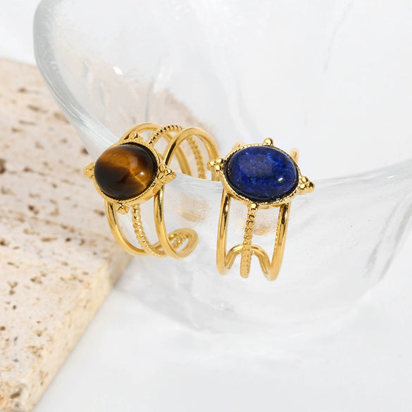 Wholesale Women's Retro Open Ring Jewelry In Titanium Steel With Natural Stone And Geometric Design Vacuum Real Gold Electroplated In Pvd Furnace
