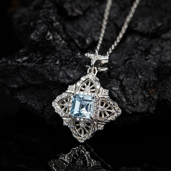 Wholesale Women's Retro Palace Hollow S925 Sterling Silver Inlaid Natural Topaz Pendant Necklace With Cross Chain And Gem Setting