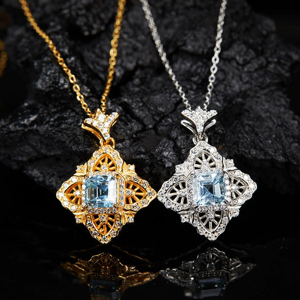 Wholesale Women's Retro Palace Hollow S925 Sterling Silver Inlaid Natural Topaz Pendant Necklace With Cross Chain And Gem Setting