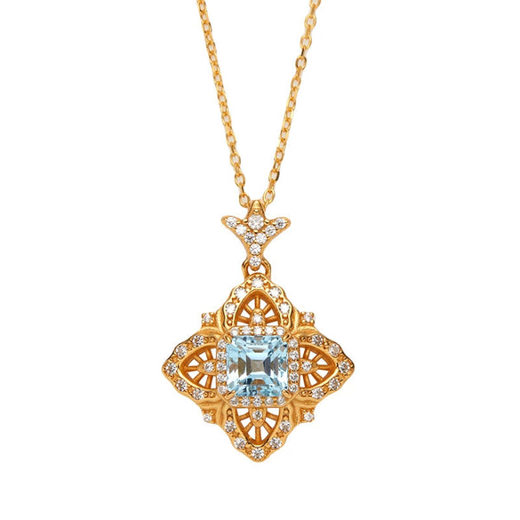 Wholesale Women's Retro Palace Hollow S925 Sterling Silver Inlaid Natural Topaz Pendant Necklace With Cross Chain And Gem Setting