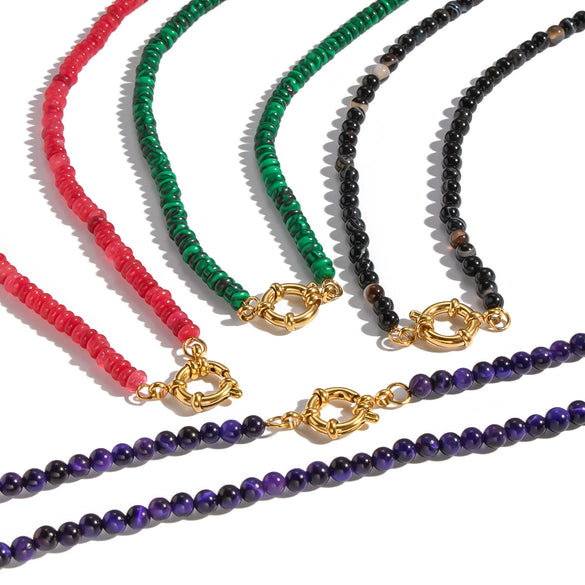 Wholesale Women's Retro Palace Style Geometric 18K Real Gold Plated Natural Stone Beaded Handmade Necklace