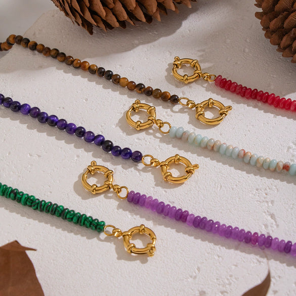 Wholesale Women's Retro Palace Style Geometric 18K Real Gold Plated Natural Stone Beaded Handmade Necklace