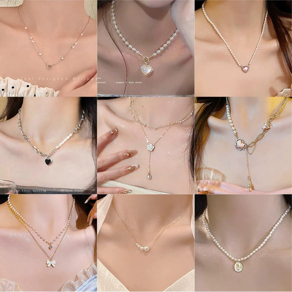 Wholesale Women's Retro Pearl Clavicle Chain Necklace Copper Geometric Heart Bow Electroplated