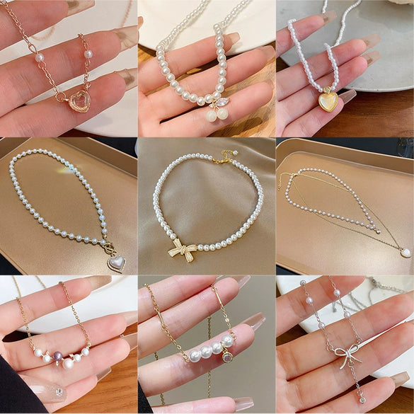 Wholesale Women's Retro Pearl Clavicle Chain Necklace Copper Geometric Heart Bow Electroplated