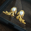 Wholesale Women's Retro Pearl Leaf Titanium Steel Earrings With Flower Pattern And Electroplating