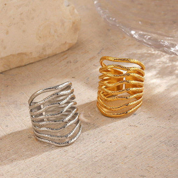 Wholesale Women's Retro Popular Multilayer Line Open Geometric Stainless Steel 18K Goldplated Hammer Ring