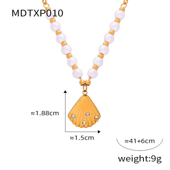 Wholesale Women's Retro Shell Pendant Earrings And High Grade Freshwater Pearl Necklace Set In Titanium Steel With Electroplating Treatment