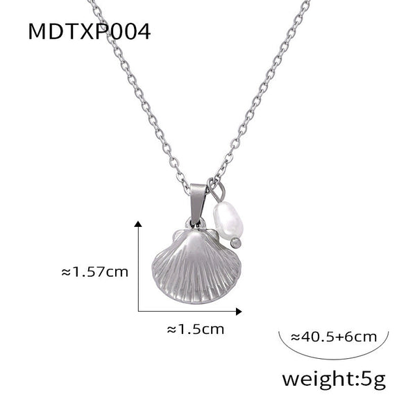 Wholesale Women's Retro Shell Pendant Earrings And High Grade Freshwater Pearl Necklace Set In Titanium Steel With Electroplating Treatment