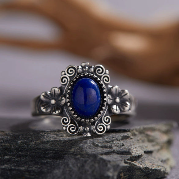 Wholesale Women's Retro Silver 925 Sterling Silver Ring Inlaid With Natural Tiger Eye Lapis Lazuli Rhombus Pattern