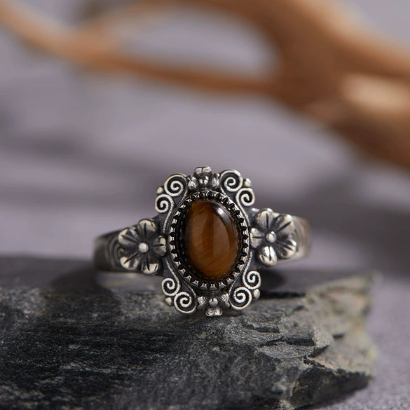 Wholesale Women's Retro Silver 925 Sterling Silver Ring Inlaid With Natural Tiger Eye Lapis Lazuli Rhombus Pattern