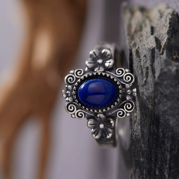 Wholesale Women's Retro Silver 925 Sterling Silver Ring Inlaid With Natural Tiger Eye Lapis Lazuli Rhombus Pattern