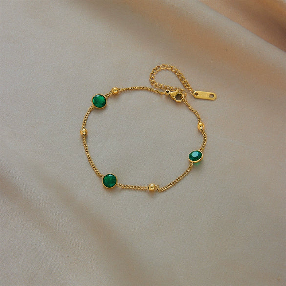 Wholesale Women's Retro Simple Allmatch Bracelet Titanium Steel Gold Beads Round Emerald Diamond Electroplated