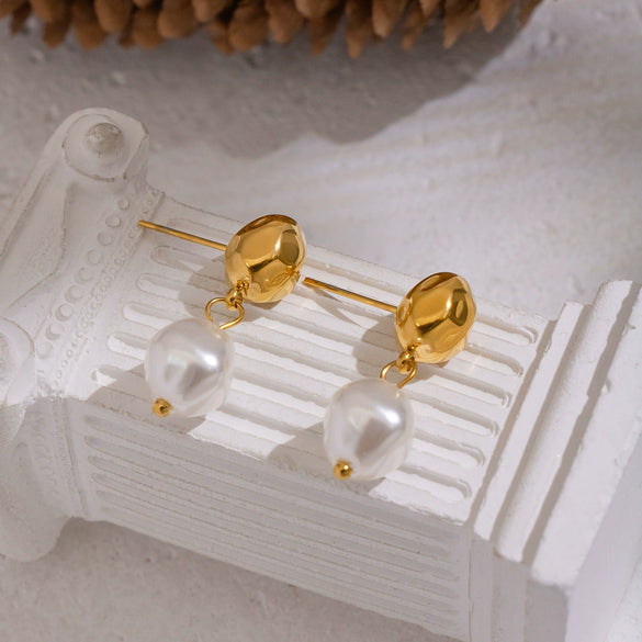 Wholesale Women's Retro Simple Pearl Geometric Earrings With Light Luxury And Minimalist Style Stainless Steel Ear Needles Pvd Furnace Vacuum Real Gold Plated