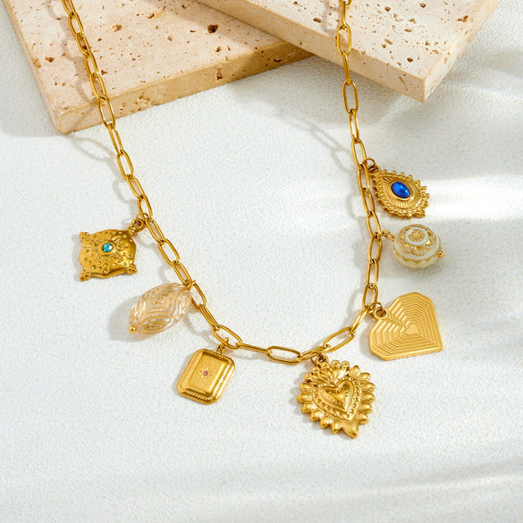 Wholesale Women's Retro Stainless Steel Heart Water Drop Bell Pattern Electroplated Necklace And Bracelet Set