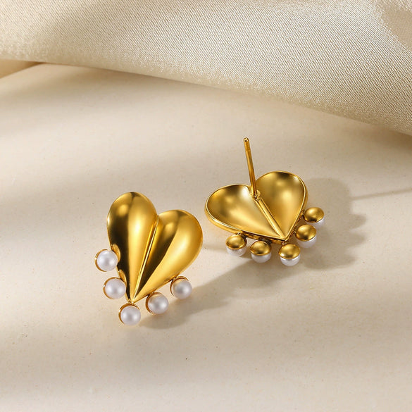 Wholesale Women's Retro Stainless Steel Imitation Pearl Heart Flower Bow Geometric Earrings With Electroplating