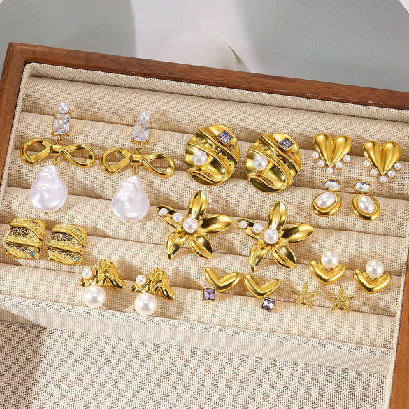 Wholesale Women's Retro Stainless Steel Imitation Pearl Heart Flower Bow Geometric Earrings With Electroplating