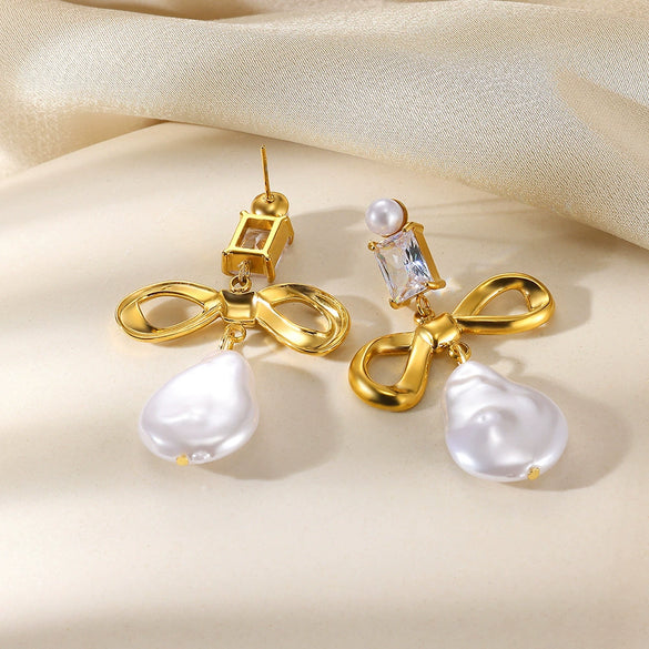 Wholesale Women's Retro Stainless Steel Imitation Pearl Heart Flower Bow Geometric Earrings With Electroplating
