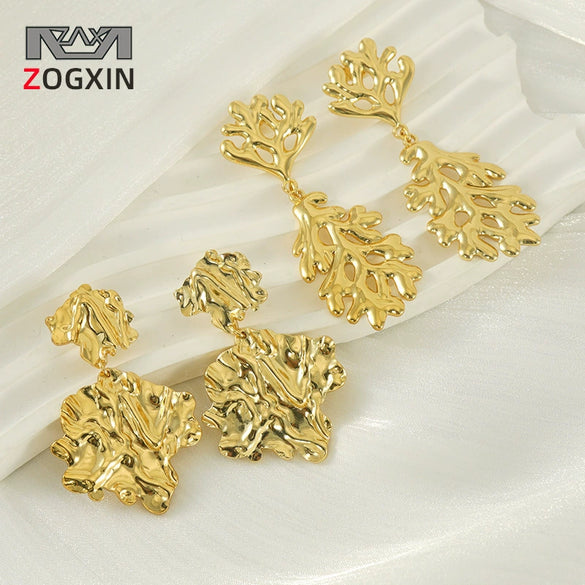 Wholesale Women's Retro 316L Stainless Steel Irregular Lava Leaf Earrings With 18K Gold Plated Electroplating Design