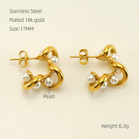 Wholesale Women's Retro 316L Stainless Steel 18K Gold Plated Geometric Woven Pearl Irregular Earrings