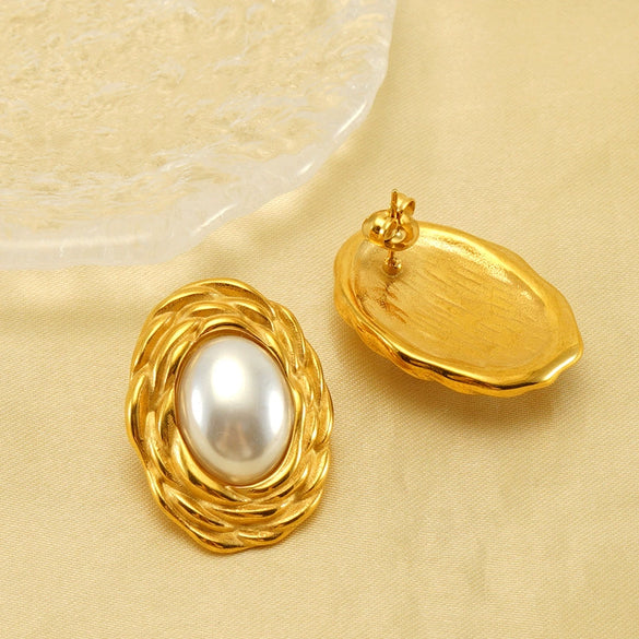 Wholesale Women's Retro 316L Stainless Steel 18K Gold Plated Geometric Woven Pearl Irregular Earrings