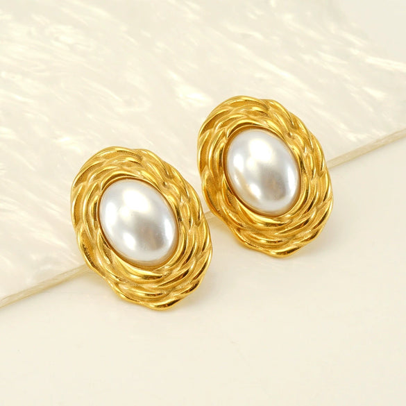 Wholesale Women's Retro 316L Stainless Steel 18K Gold Plated Geometric Woven Pearl Irregular Earrings