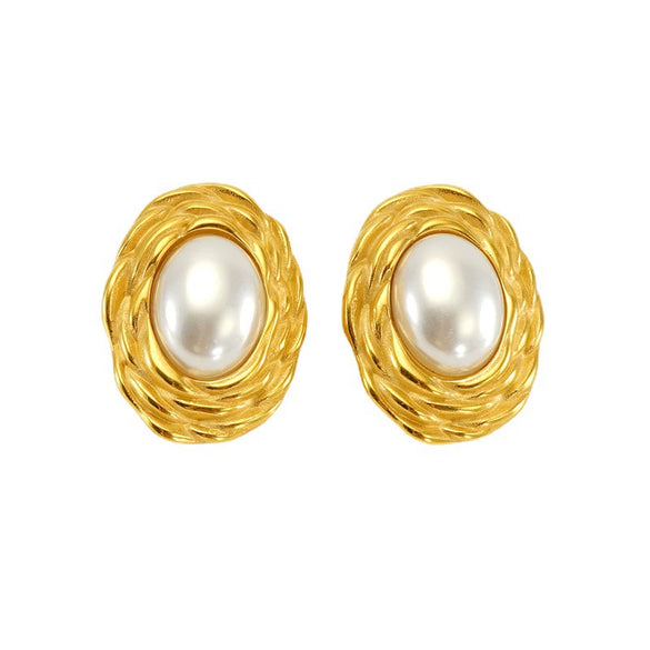 Wholesale Women's Retro 316L Stainless Steel 18K Gold Plated Geometric Woven Pearl Irregular Earrings