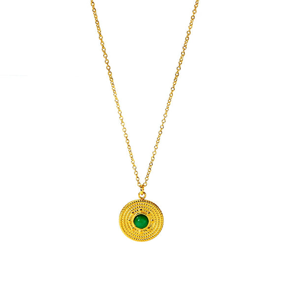 Wholesale Women's Retro Stainless Steel Necklace With Turquoise Inlay Embossed Round Pendant And O Chain Vacuum Real Gold Electroplated In Pvd Furnace