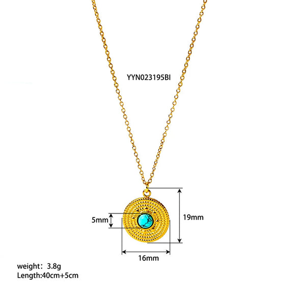 Wholesale Women's Retro Stainless Steel Necklace With Turquoise Inlay Embossed Round Pendant And O Chain Vacuum Real Gold Electroplated In Pvd Furnace