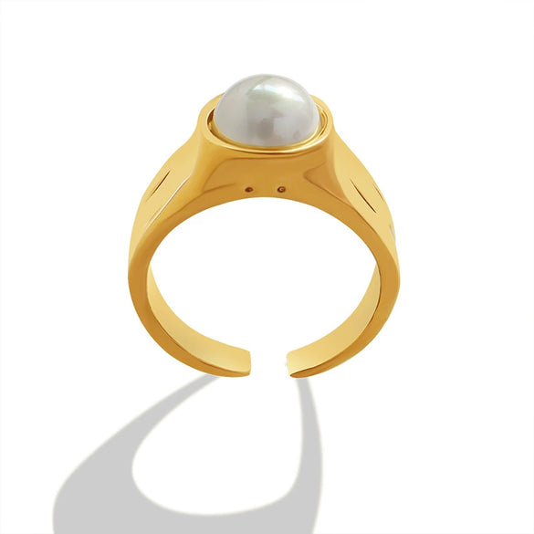 Wholesale Women's Retro Style Geometric Imitation Pearl Ring 316L Stainless Steel 18K Gold Plated