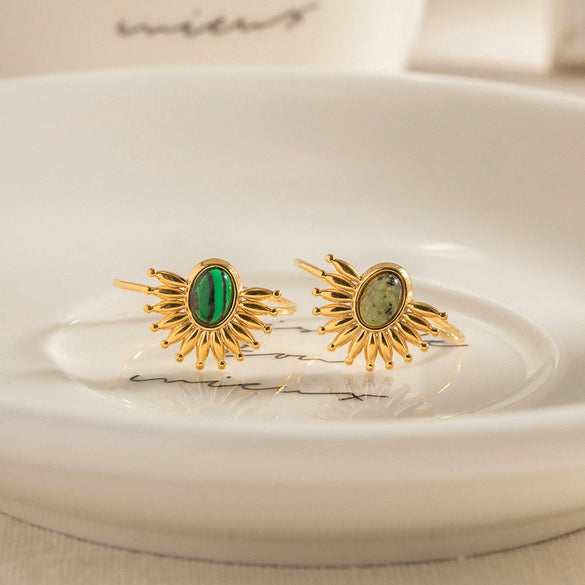 Wholesale Women's Retro Style Open Stainless Steel Natural Stone Ring With Geometric Design And Electroplating