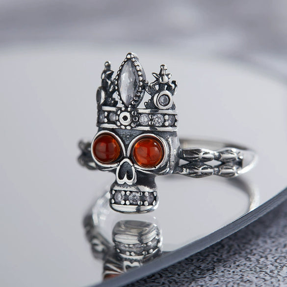 Wholesale Women's Retro Style S925 Sterling Silver Ring With Natural Red Agate And Skull Design