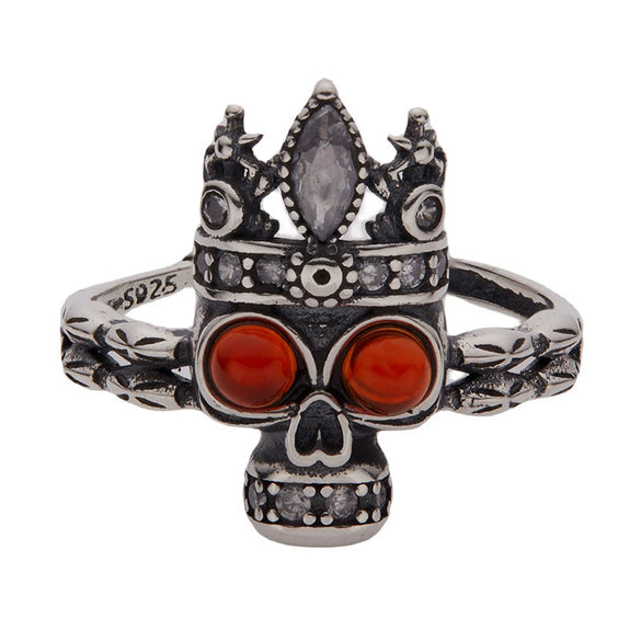 Wholesale Women's Retro Style S925 Sterling Silver Ring With Natural Red Agate And Skull Design