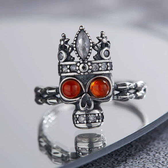 Wholesale Women's Retro Style S925 Sterling Silver Ring With Natural Red Agate And Skull Design