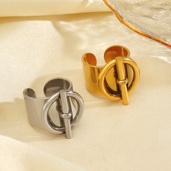 Wholesale Women's Retro Temperament Geometric Stainless Steel Open Ring With Ot Buckle And Electroplating