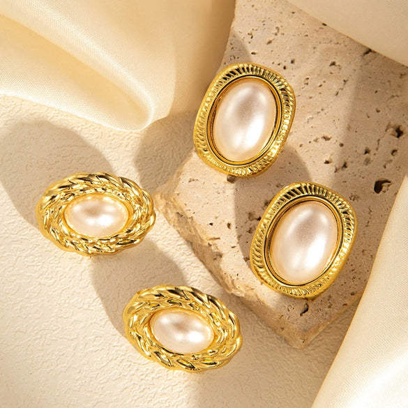 Wholesale Women's Retro Temperament Titanium Steel Pearl Geometric Earrings With Electroplating