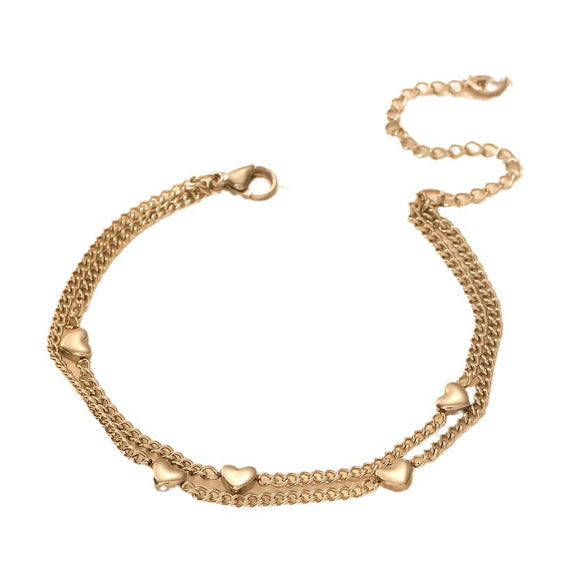 Wholesale Women's Retro Titanium Steel And Stainless Steel Multiple Peach Heart Doublelayer Anklet With Heart Pendant Foot Jewelry
