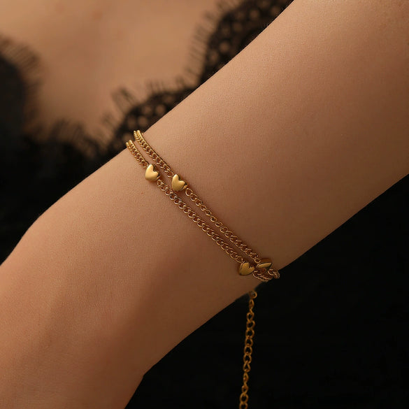 Wholesale Women's Retro Titanium Steel And Stainless Steel Multiple Peach Heart Doublelayer Anklet With Heart Pendant Foot Jewelry