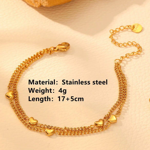 Wholesale Women's Retro Titanium Steel And Stainless Steel Multiple Peach Heart Doublelayer Anklet With Heart Pendant Foot Jewelry