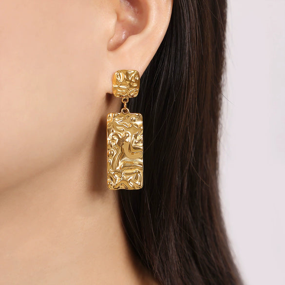 Wholesale Women's Retro 316L Stainless Steel Goldplated Geometric Long Square Pleated Earrings